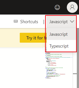 Screenshot: Menü zum Auswählen von JavaScript oder TypeScript.