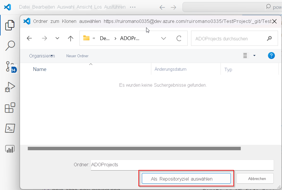 Screenshot der Auswahl von PBIP- und Azure DevOps-Integration Klon-Repositorys.