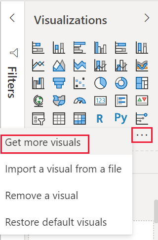 Screenshot des Power BI-Visualisierungsbereichs mit der Option „Weitere Visuals abrufen“