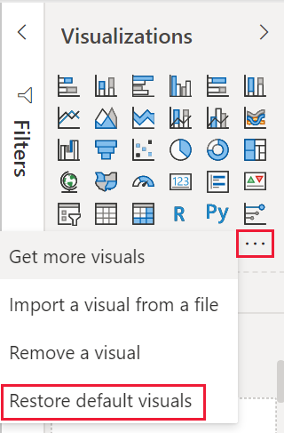 Screenshot der Power BI-Visualisierungsbereichsoption „Standardvisuals wiederherstellen“