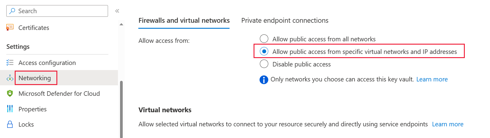 Screenshot: Netzwerkoption von Azure Key Vault, wobei die Option „Firewalls und virtuelle Netzwerke“ ausgewählt ist.