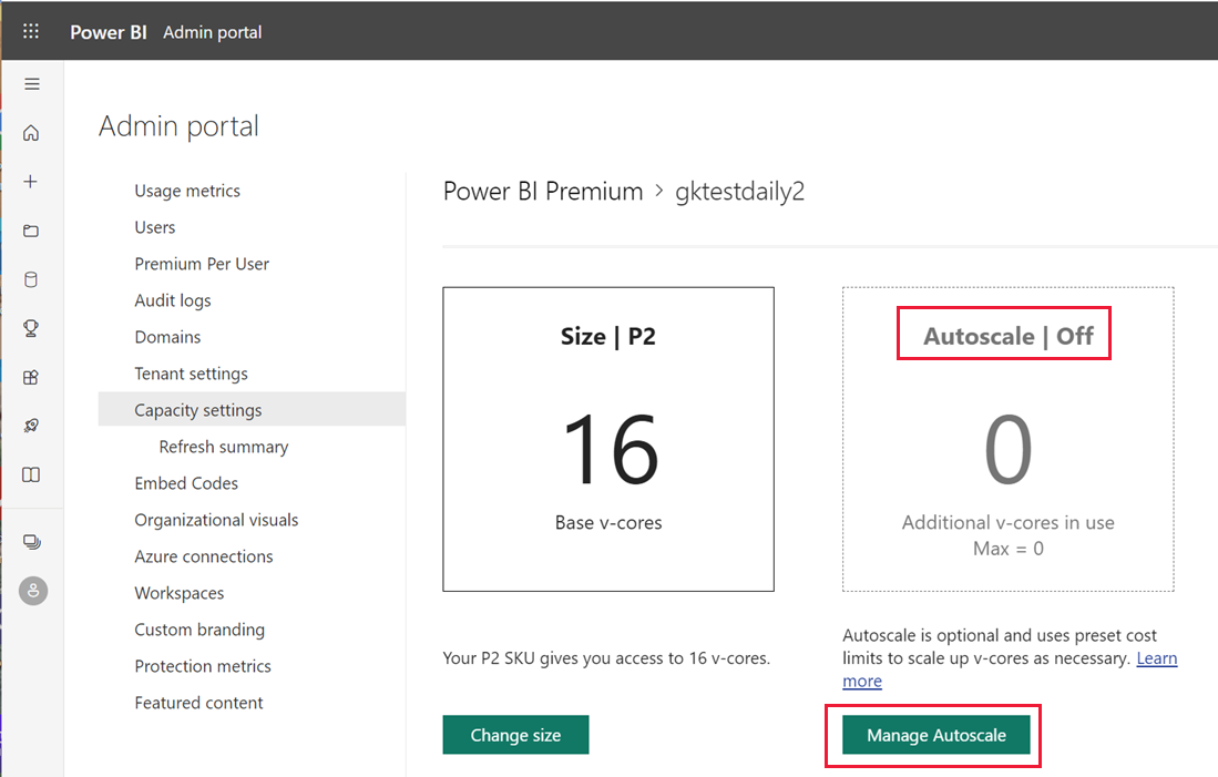 Screenshot des Power BI-Admin-Portals mit Kapazitätseinstellungen Die Automatische Skalierung deaktiviert und die Schaltfläche Automatische Skalierung verwalten sind hervorgehoben.