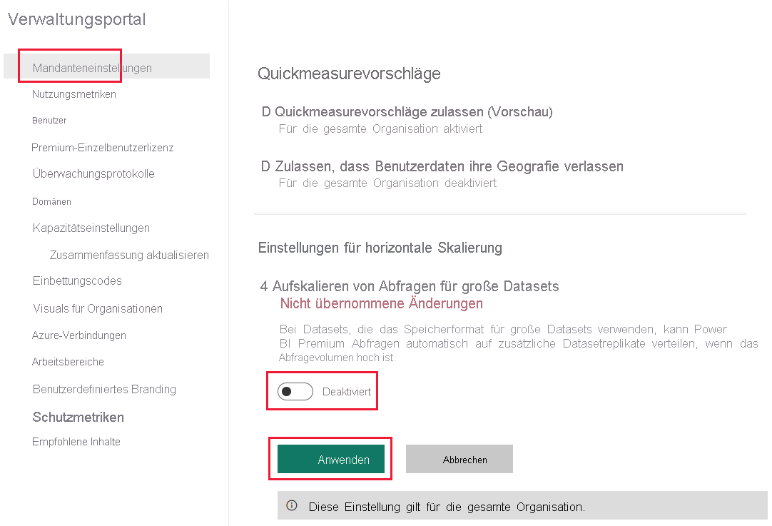 Ein Screenshot der zeigt, wie Sie die Mandanteneinstellungen für die horizontale Skalierung im Power BI-Verwaltungsportal deaktivieren.