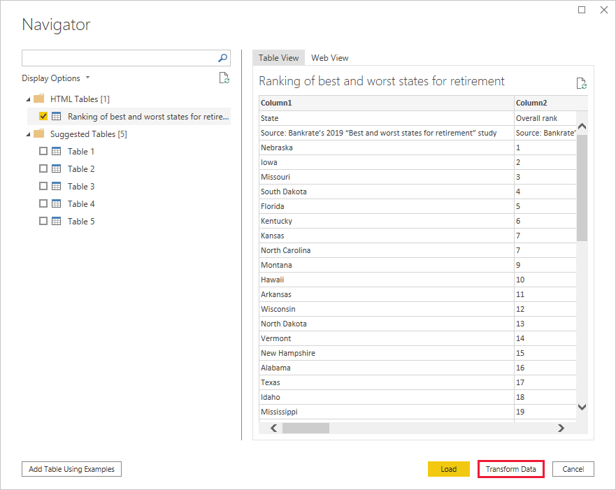 Screenshot von Power BI Desktop mit einer Tabellenanzeige mit importierten Daten