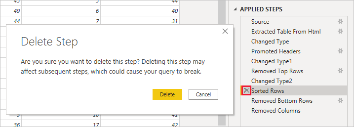 Screenshot von Power BI Desktop mit dem Dialogfeld „Schritt löschen“