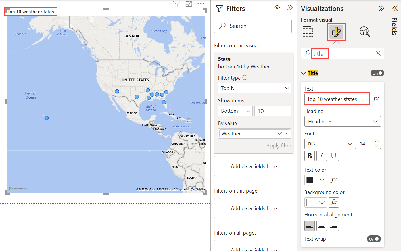 Screenshot von Power BI Desktop mit dem Feld „Change Title“ (Titel ändern) im Bereich „Visualisierung“