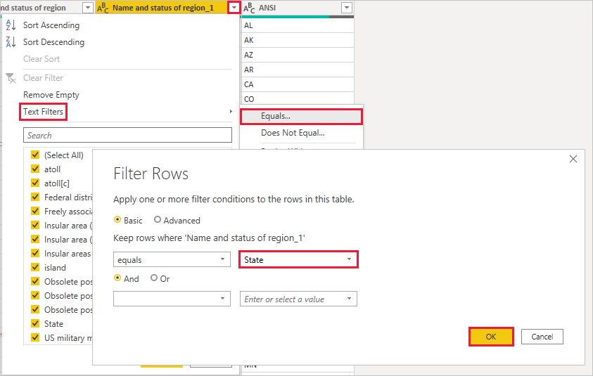 Screenshot von Power BI Desktop mit dem Abfragefeld „Zeilen filtern“ im Power Query-Editor