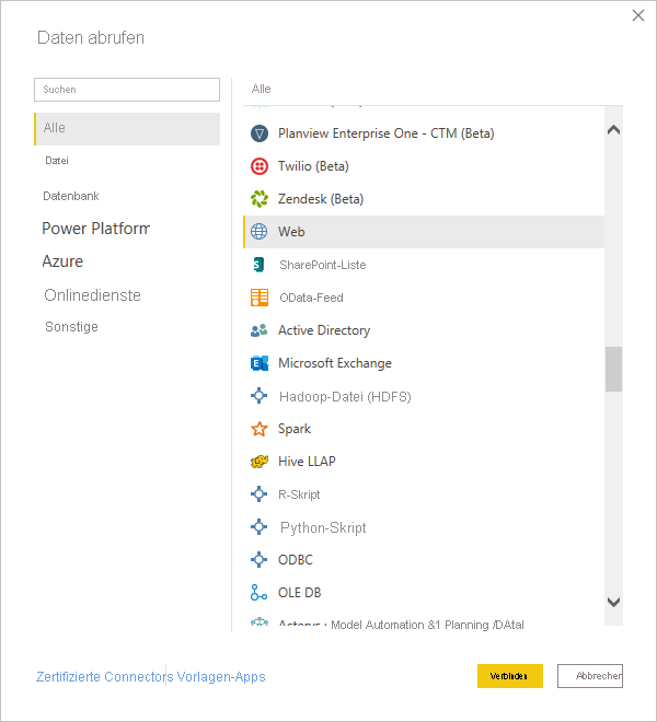 Screenshot von Power BI Desktop mit dem Tool „Daten abrufen“