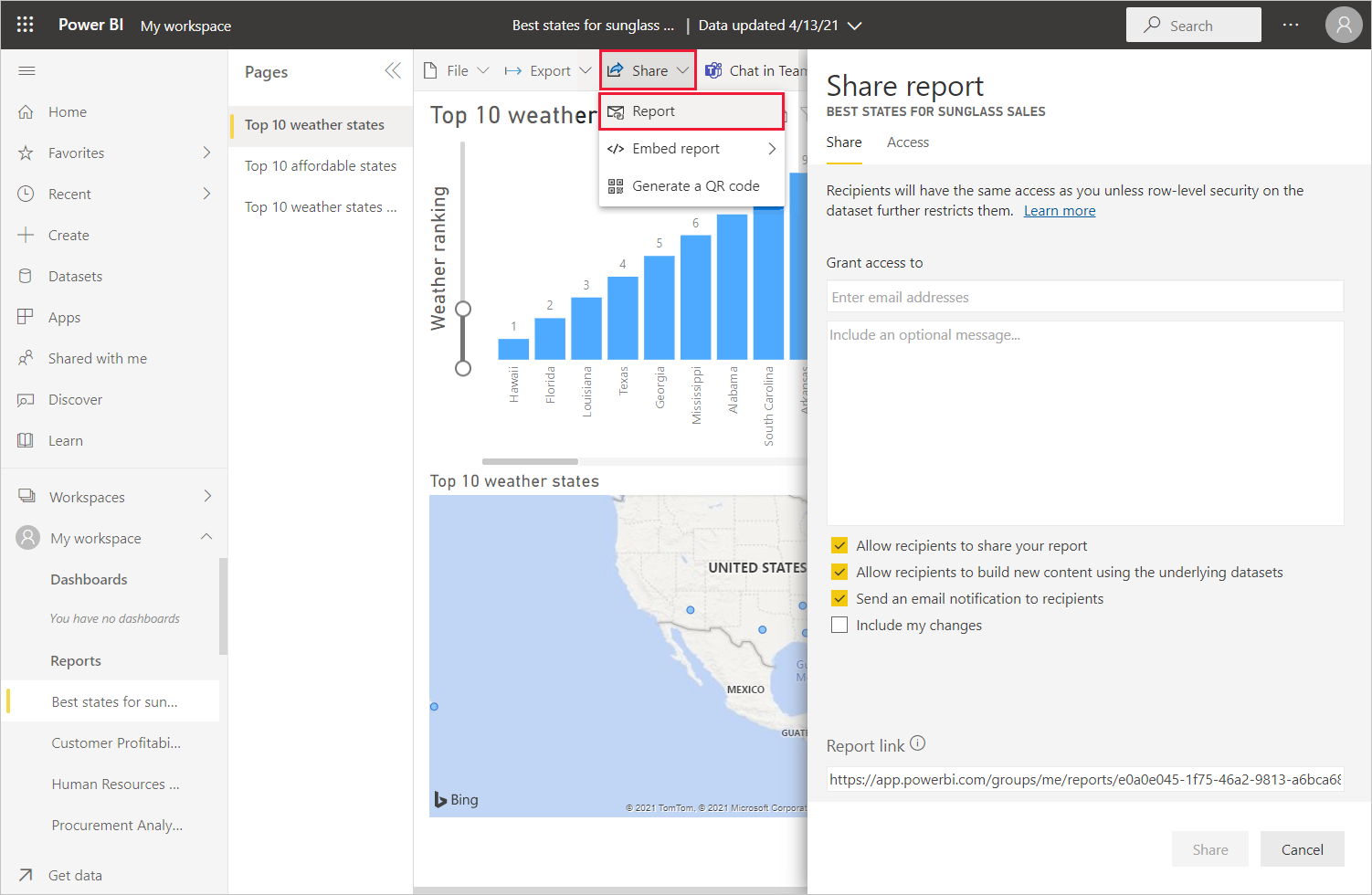 Screenshot von Power BI Desktop mit dem Bildschirm „Bericht freigeben“