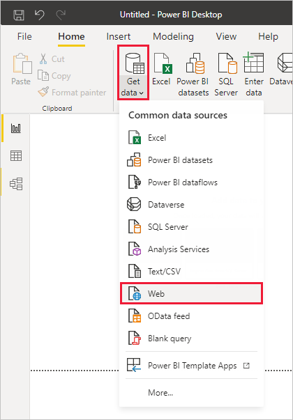 Screenshot von Power BI Desktop mit der Option „Web“ des Tools „Daten abrufen“