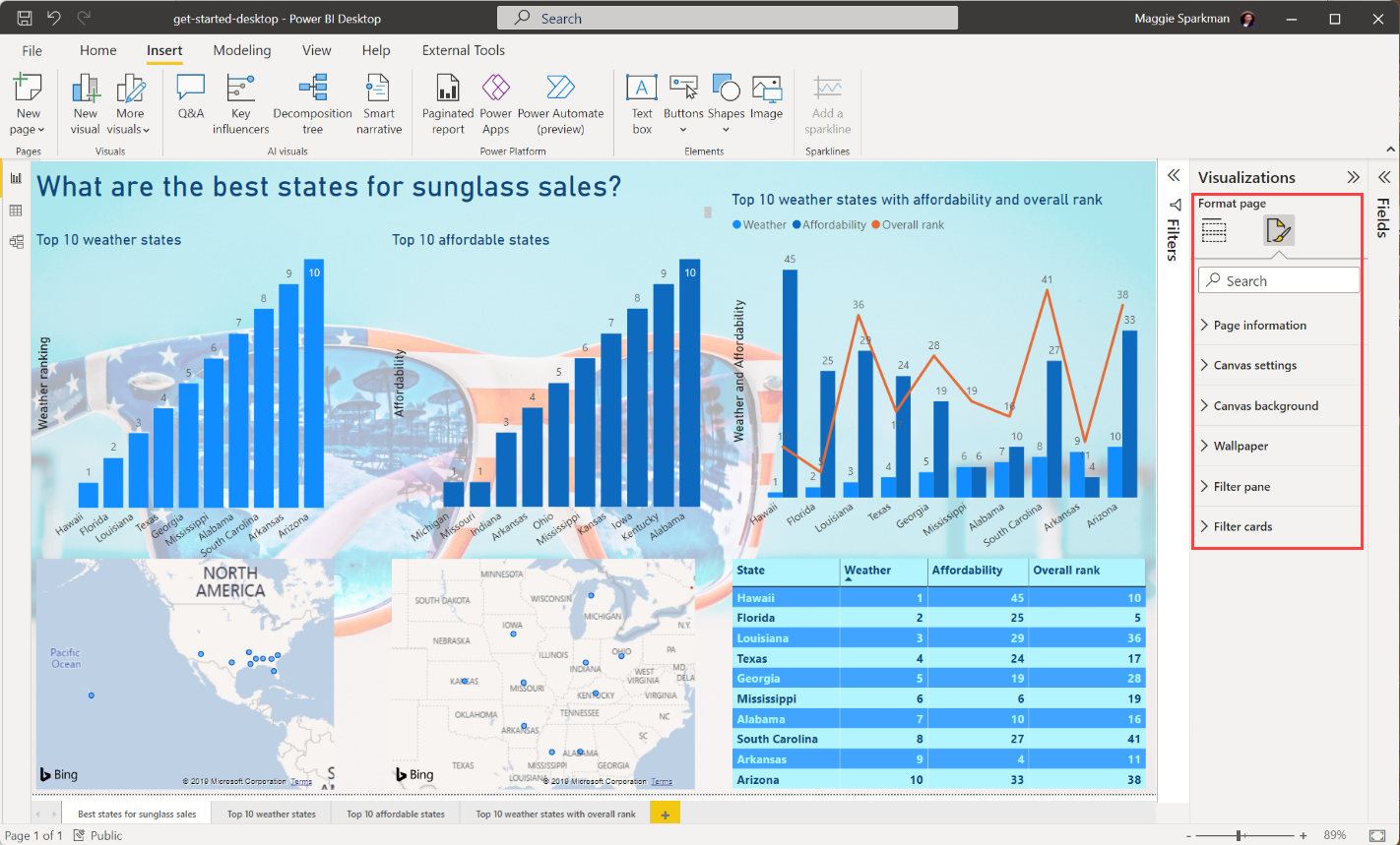 Screenshot von Power BI Desktop mit der fertigen Berichtsseite