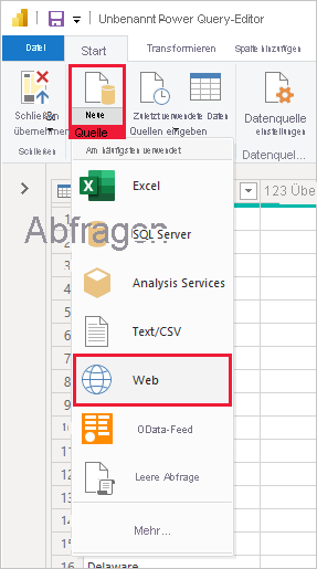 Screenshot von Power BI Desktop mit dem Power Query-Editor mit der ausgewählten Option „Neue Quelle“ > „Web“