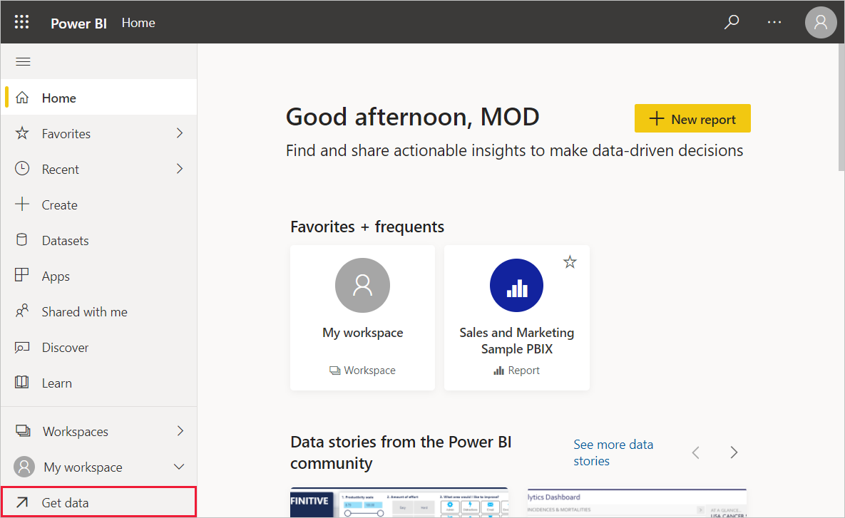 Screenshot von Power BI Desktop mit der Option „Daten abrufen“