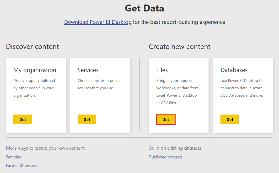 Screenshot von Power BI Desktop mit dem Bildschirm „Daten abrufen“