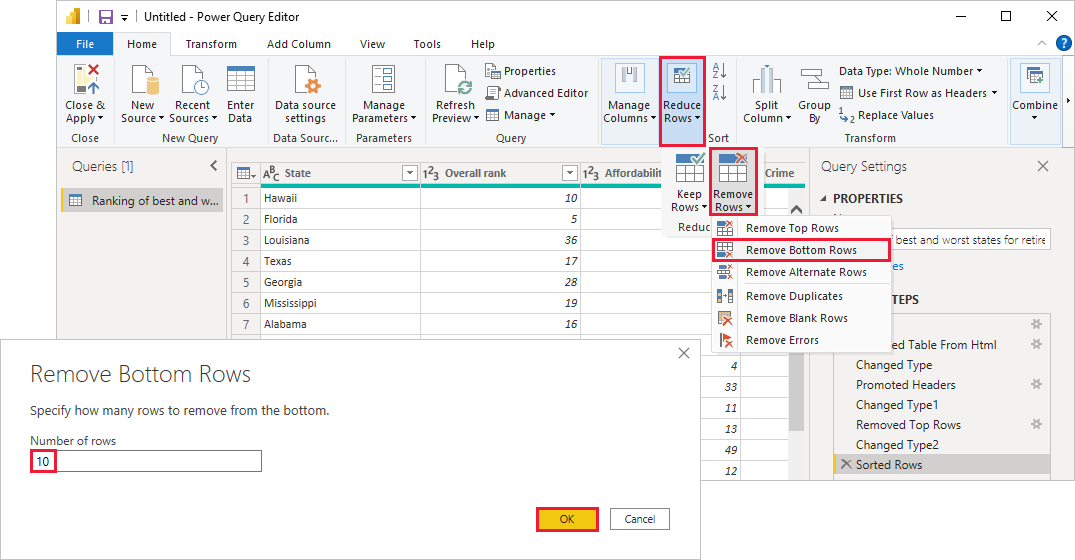 Screenshot von Power BI Desktop mit dem Dialogfeld „Untere Zeilen entfernen“