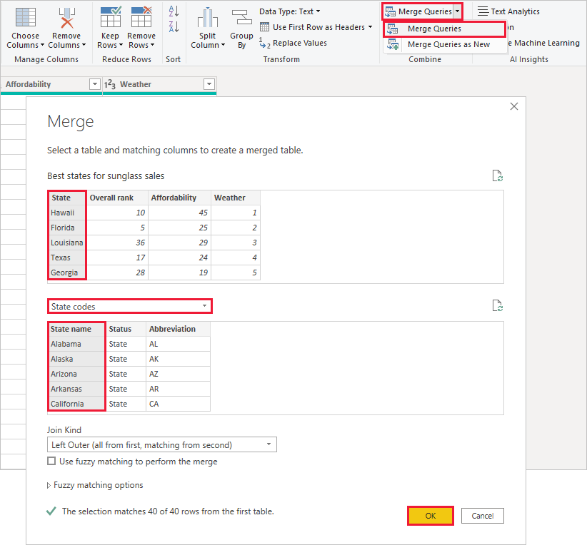 Screenshot von Power BI Desktop mit dem Fenster „Abfragen zusammenführen“