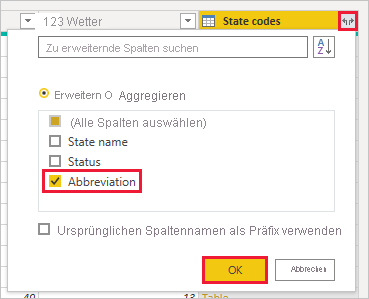 Screenshot von Power BI Desktop mit der Spalte „State Codes Abbreviation“ (Abkürzung der Codes der Bundesstaaten)