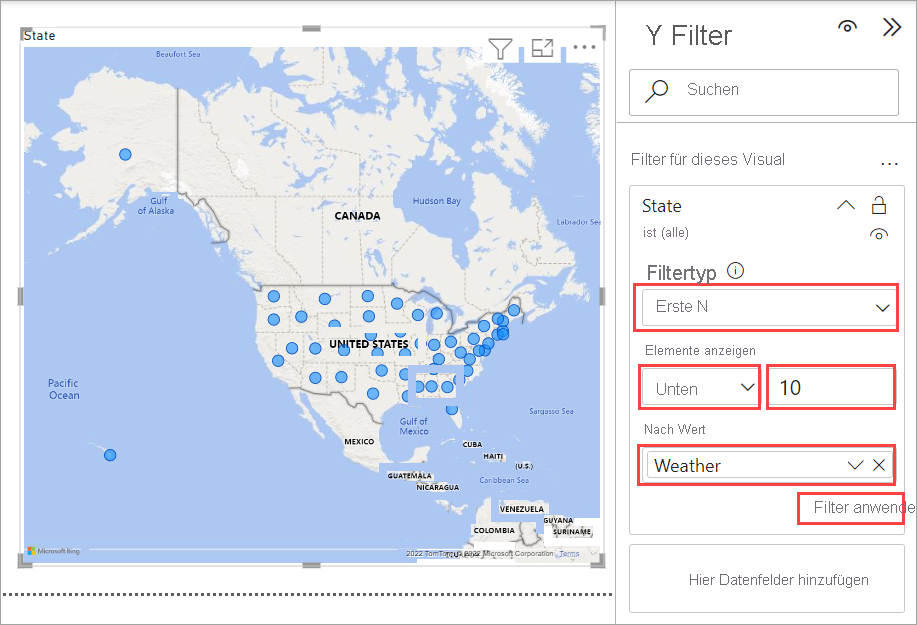 Screenshot von Power BI Desktop mit dem Filter „Weather“ (Wetter)