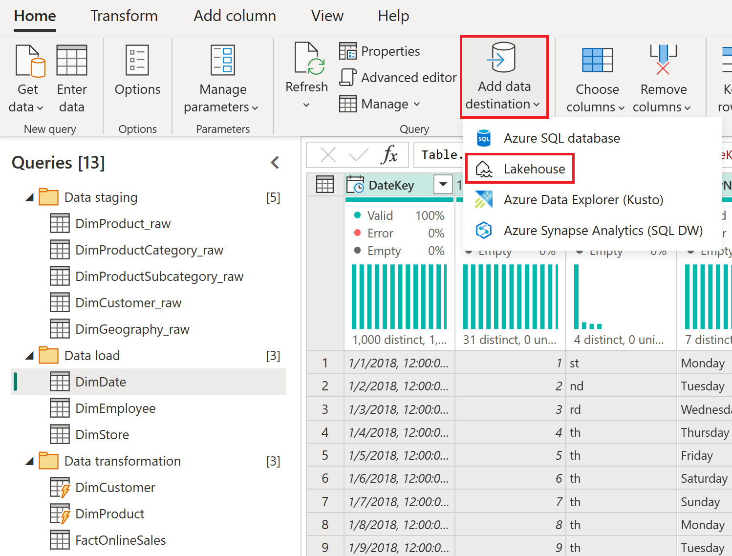 Screenshot der Option „Lakehouse“ als Option für das Datenziel.