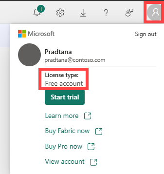 Screenshot: Power BI-Kontomanager mit hervorgehobenem Symbol und Lizenztyp