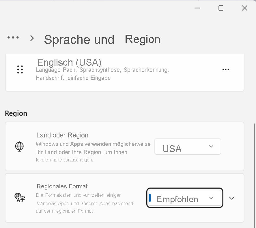 Screenshot mit zusätzlichen Datums-, Uhrzeit- und Regionseinstellungen