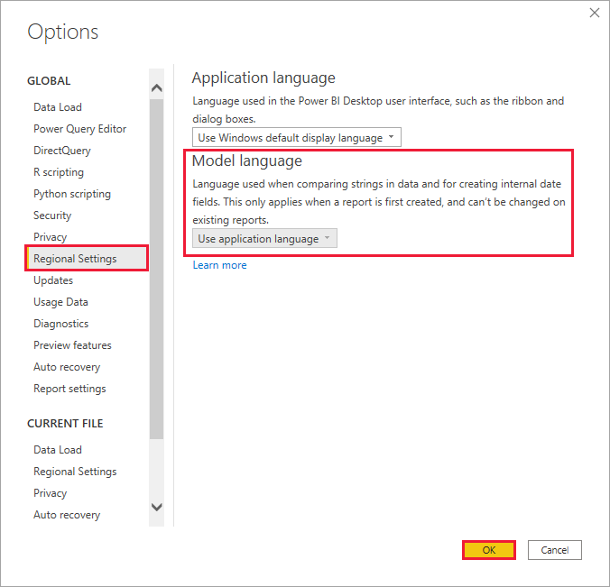 Screenshot des Festlegens der Modellsprache in Power BI Desktop