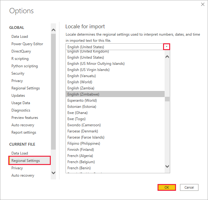 Screenshot von Power BI Desktop mit dem Dialogfeld „Optionen“