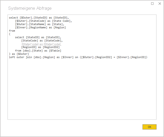 Screenshot von Power BI Desktop mit dem Fenster für die native Abfrage. Eine Abfrageanweisung verknüpft zwei Quelltabellen.