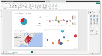 Screenshot: Das Analysebeispiel für den Einzelhandel ist im Power BI-Dienst in der Berichtsansicht geöffnet.