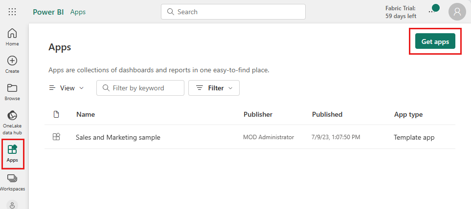 Screenshot shows the Power BI service with Apps and Get apps selected.