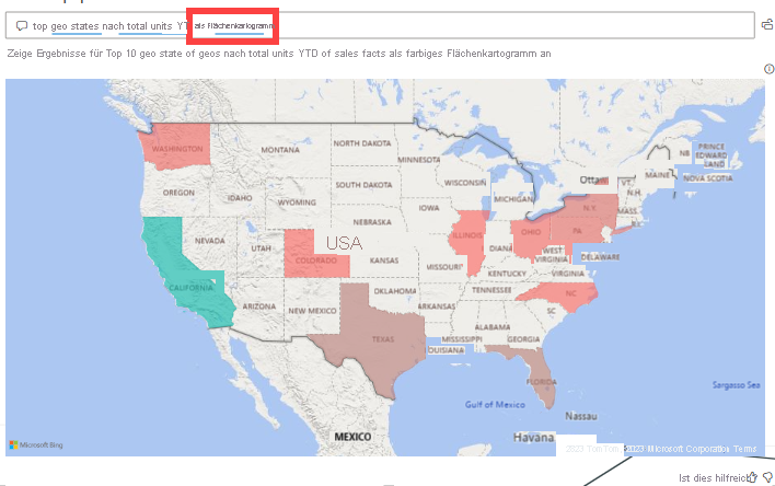 Screenshot that shows the Q&A visual converted to a filled map on the report canvas.