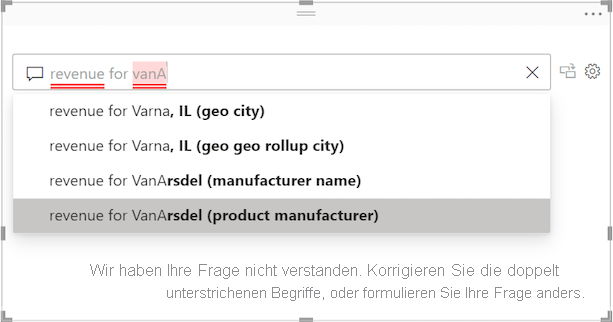 Screenshot of the Q&A question field with unrecognized words underlined in red and suggested questions from Power BI.