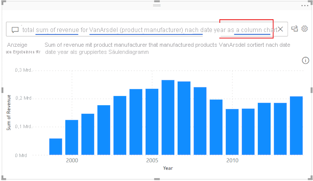 Screenshot that shows how to convert the Q&A visual to a column chart by adding more text to the question.