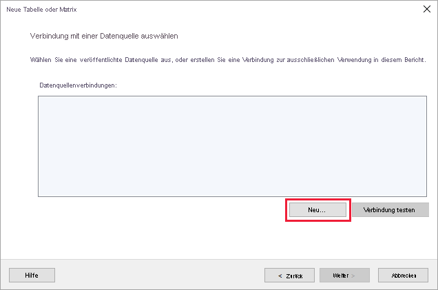 Screenshot, der zeigt, wo „Neu“ für eine Datenquellenverbindung auszuwählen ist.