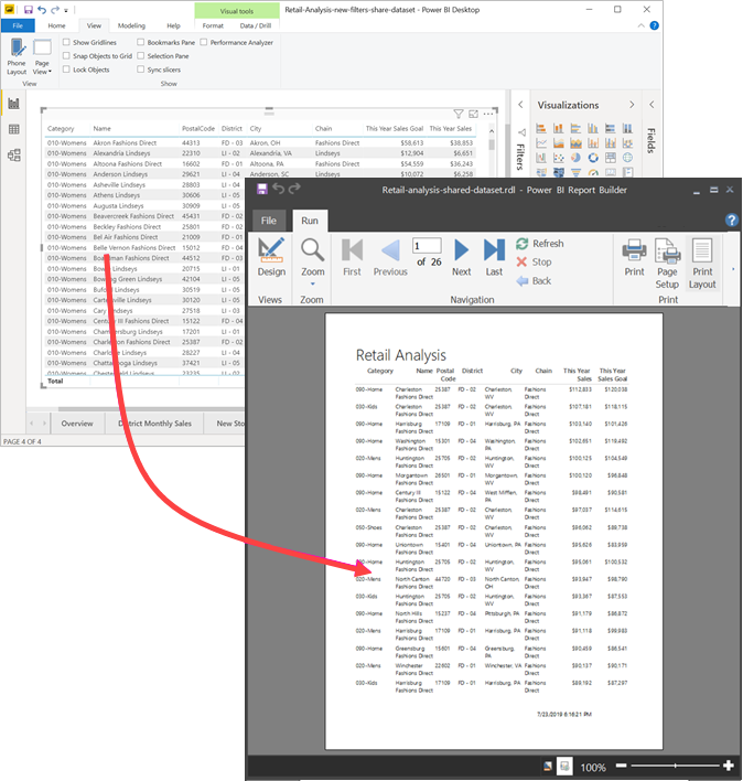 Screenshot eines mit Report Builder paginierten Berichts, der mit Power BI Desktop gedruckt wird