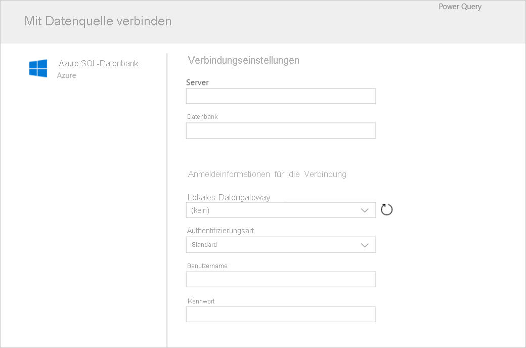 Screenshot des Formulars, das nach Auswahl von Azure SQL als Connector angezeigt wird