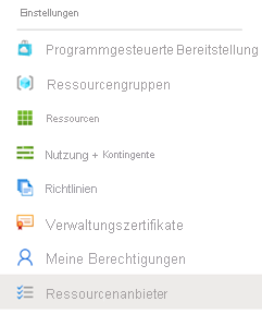 Screenshot der Einstellungsmenüoptionen mit ausgewählter Option „Ressourcenanbieter“