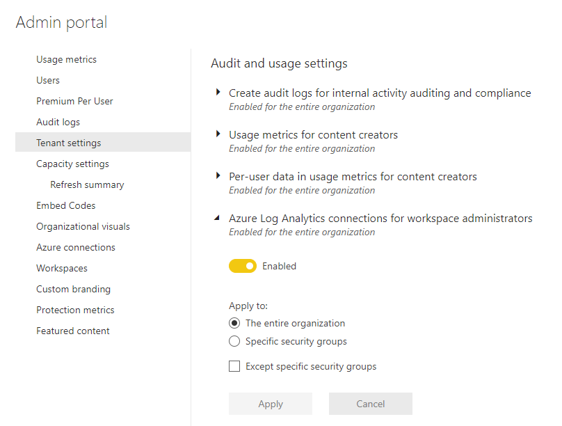 Screenshot der Mandanteneinstellungen im Verwaltungsportal. Azure Log Analytics-Verbindungen für Arbeitsbereichsadministrator*innen sind erweitert und aktiviert