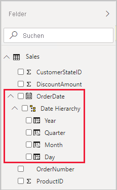 Screenshot: Beispiel für den Bereich „Felder“ mit erweiterter Tabelle „Sales“.