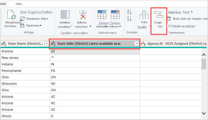 Screenshot of Power Query Editor highlighting the Group By button in the ribbon.