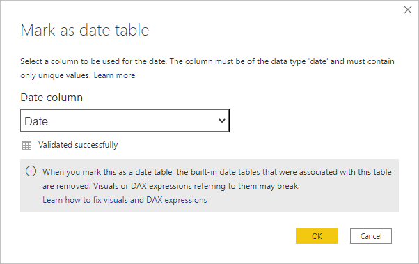 Screenshot von Power BI Desktop, der das Dialogfeld „Als Datumstabelle markieren“ mit einem wichtigen Hinweis zeigt.