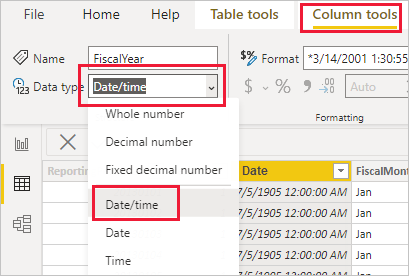 Screenshot von Power BI Desktop, der die Registerkarte „Modellierung“ mit dem Filter „Datentyp“ anzeigt.