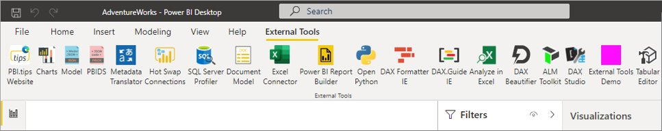 Screenshot der Menüleiste „Externe Tools“ in Power BI Desktop.