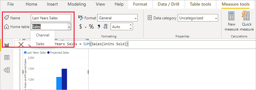 Screenshot: Auswahl einer Tabelle für das Measure.