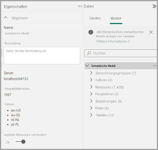 Screenshot der Informationen zum Semantikmodell im Modell-Explorer