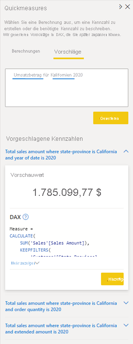 Screenshot of an example of a DAX measure suggestion.