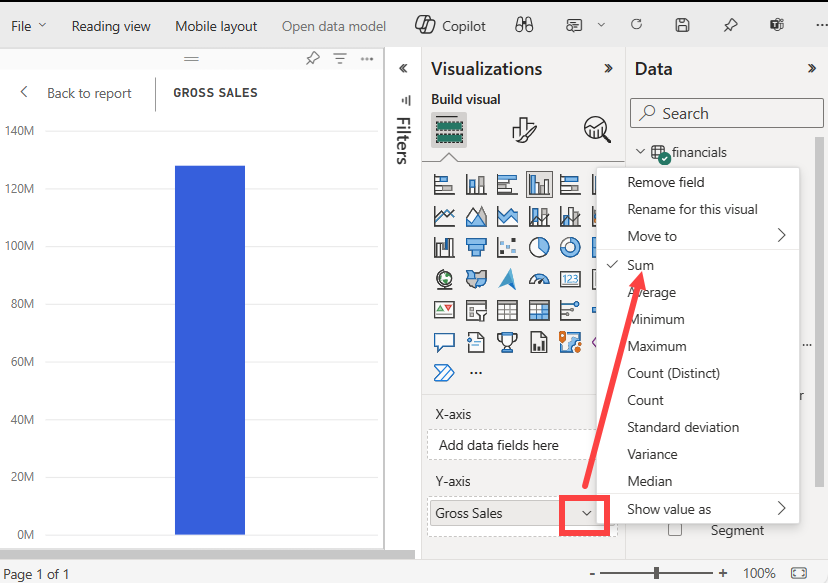 Screenshot des Standardmäßigen Clusterspaltendiagramms für das ausgewählte Datenfeld.