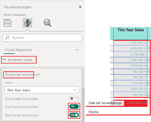 Screenshot, der zeigt, wie Sie die Optionen unter „Einstellungen anwenden auf“ so einstellen, dass die Formatierungsänderungen auf die Spaltenüberschrift, die Zeile „Summe“ und alle Werte angewendet werden.