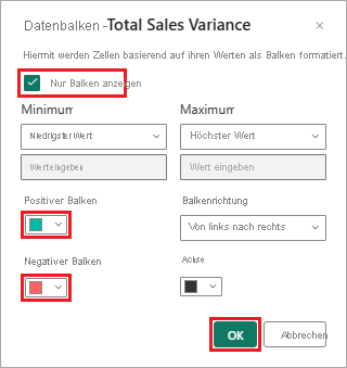 Screenshot, der zeigt, wie Sie Datenbalken für eine ausgewählte Tabellenspalte konfigurieren können.