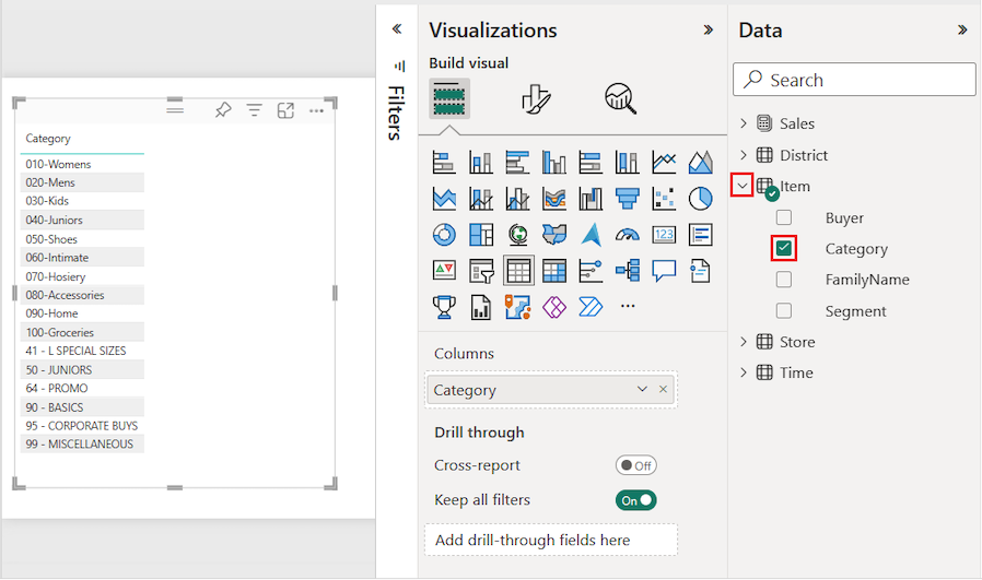 Screenshot des aktivierten Kontrollkästchens Kategorie und der von Power BI erstellten Standardtabelle.